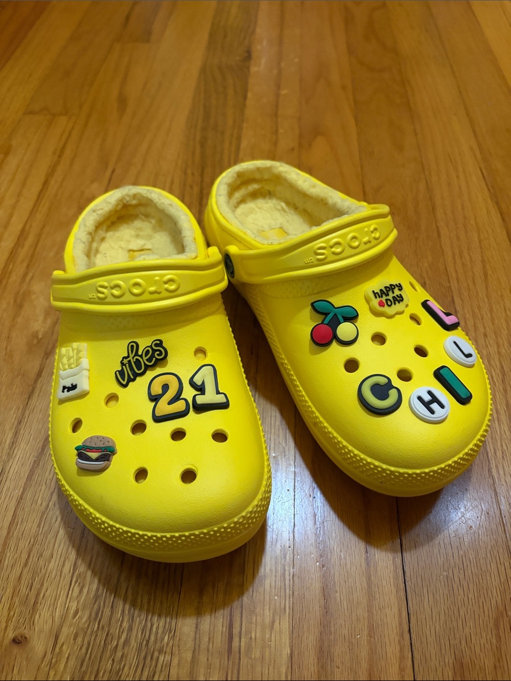 CROCS Yellow Classic Clog with Fuzzy Lining and Jibbitz